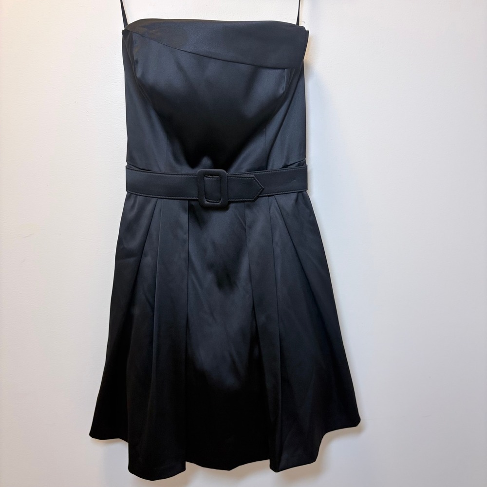 White House Black Market Black Satin Strapless Belted Cocktail Dress Size 6